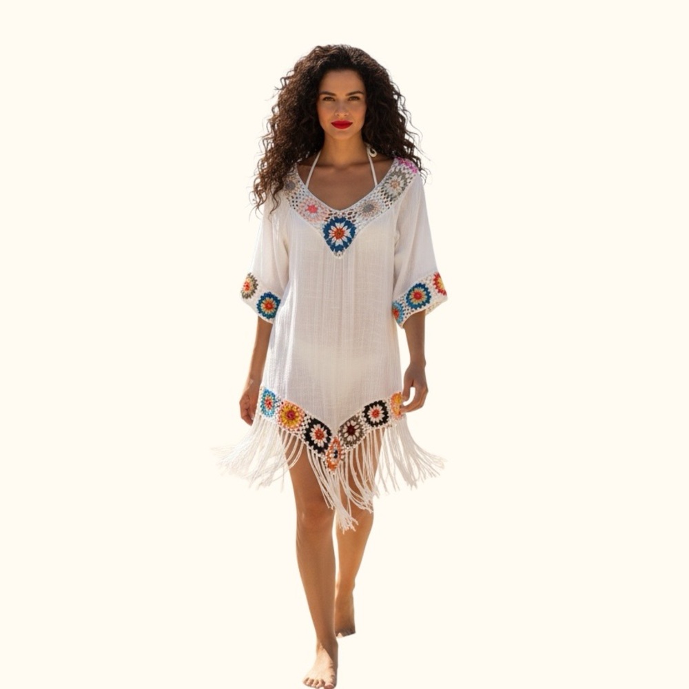 Resort Collection Boho Crochet Granny Square Fringe Cover Up Dress S